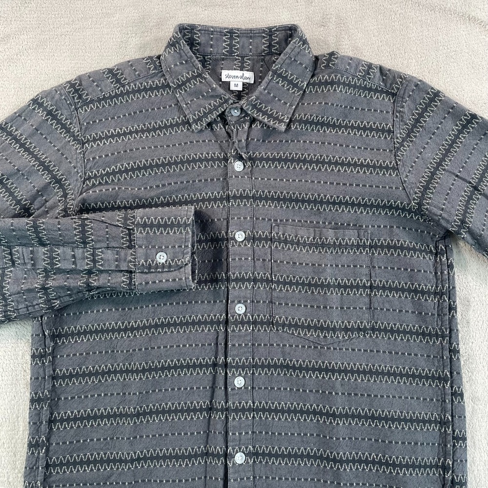 Steven‎ Alan Shirt Men Medium Grey Black Geometric Design Long Sleeve USA Made